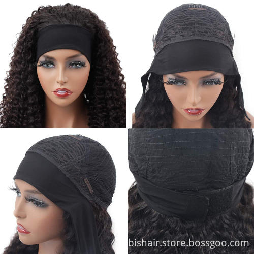 Wig headband real human hair without lace front deep wave wig machine made without glue headband curly hair 150% density black